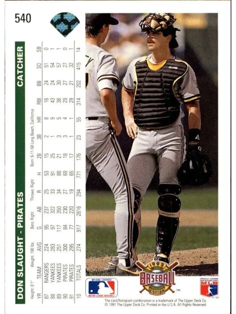 Don Slaught 1992 Upper Deck MLB #540 Baseball Card Pittsburgh Pirates